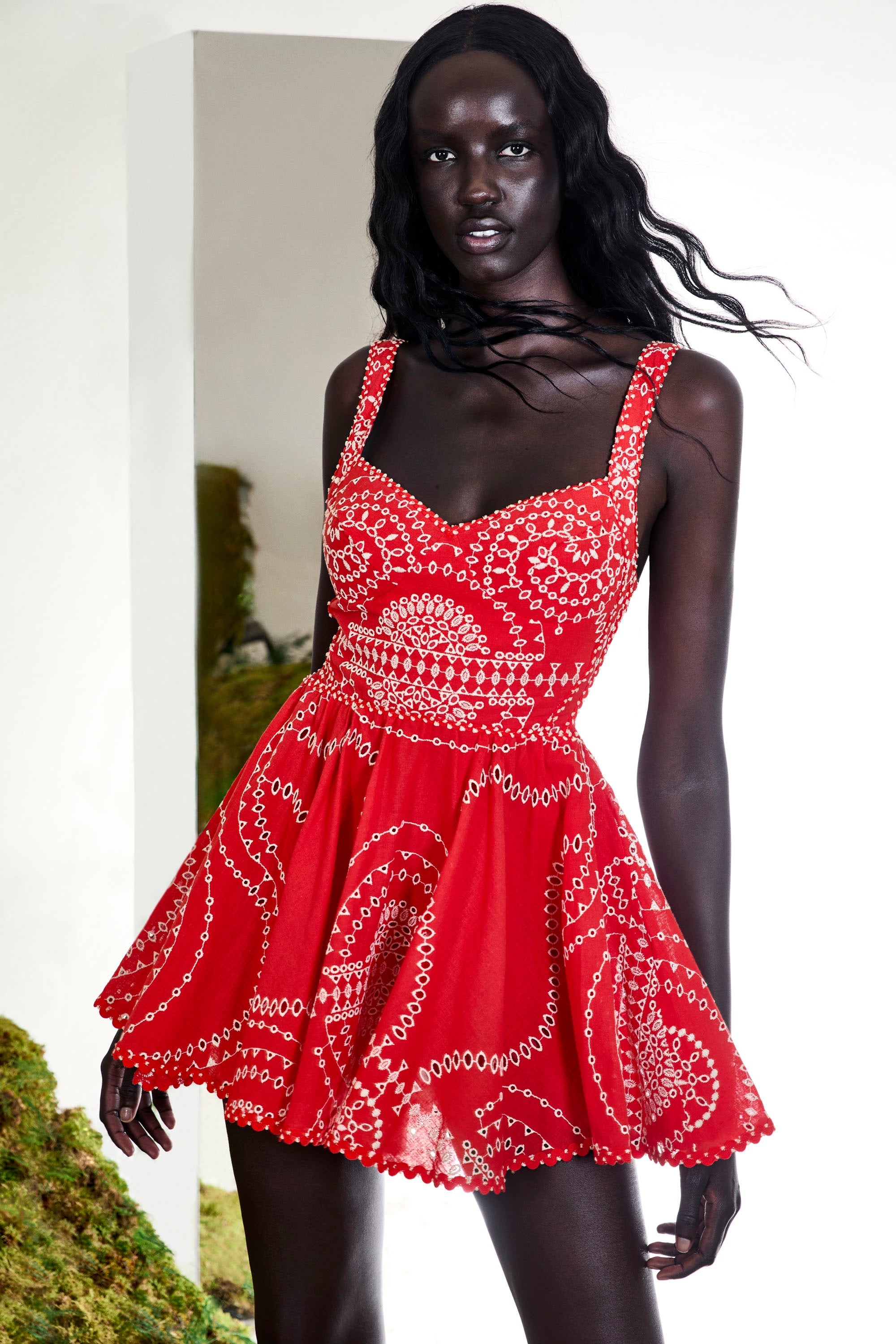 Short Dress Birdie Embroidered Linen-Cotton Skater A-Line Sundress Wide Straps