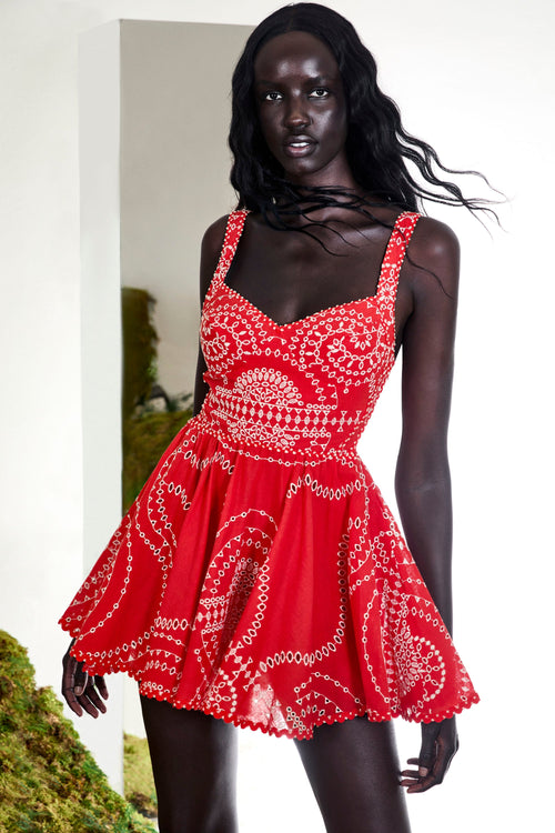 Short Dress Birdie Embroidered Linen-Cotton Skater A-Line Sundress Wide Straps