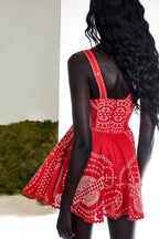 Short Dress Birdie Embroidered Linen-Cotton Skater A-Line Sundress Wide Straps
