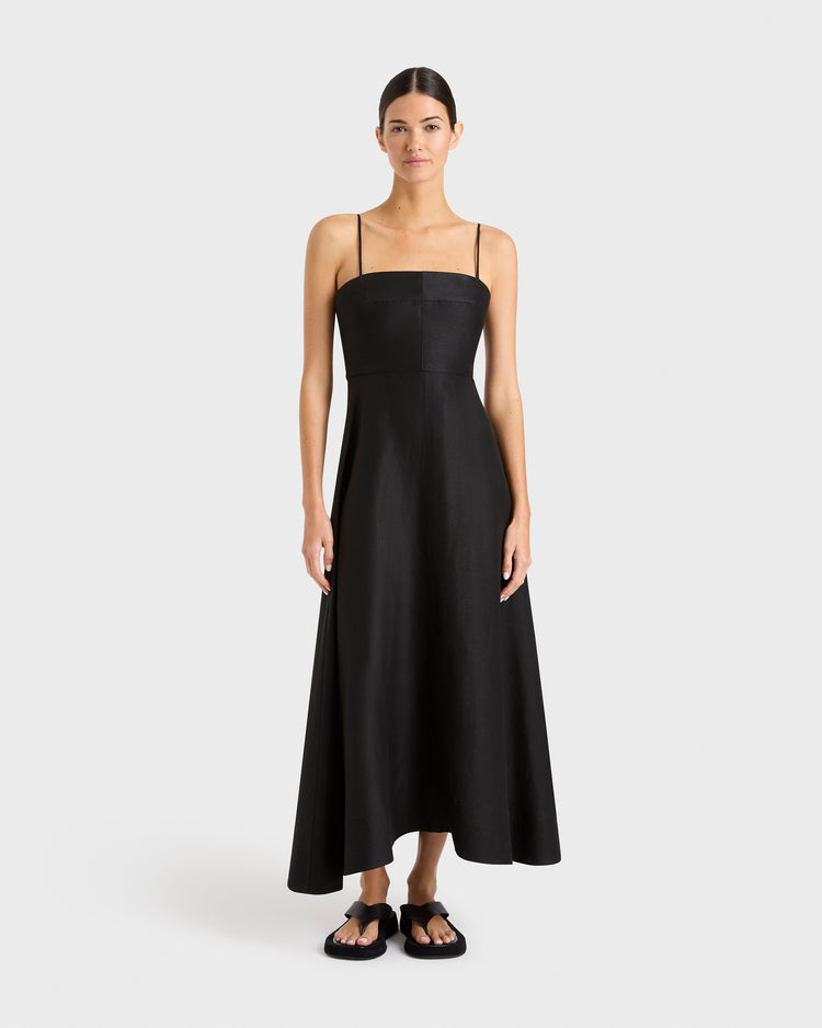 Bondi Born Bormio Flared Maxi Dress — Black Organic Linen Blend – The Dress Company