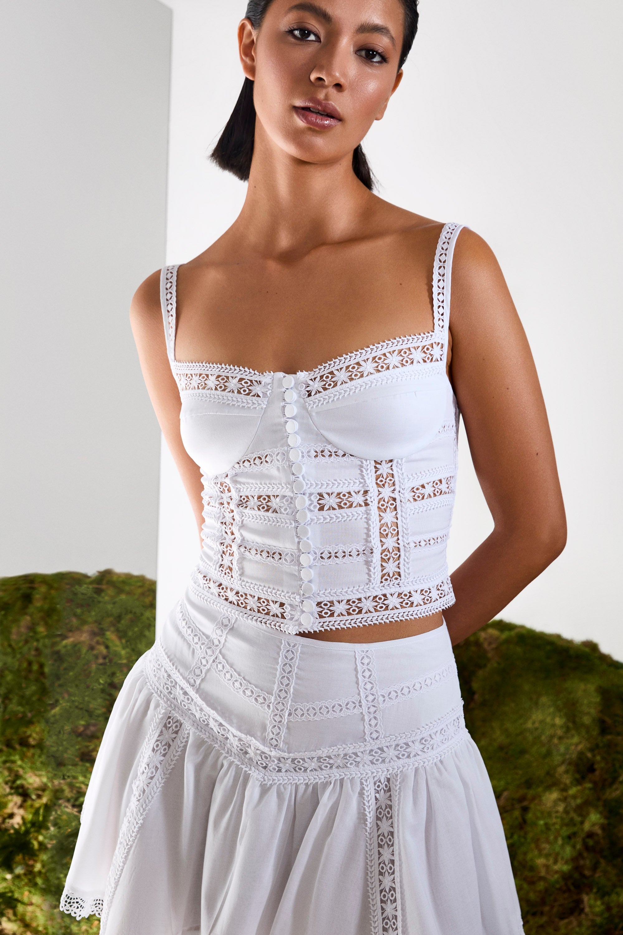 Top Breth Lace Guipure Corset Style Adjustable Front Button Top