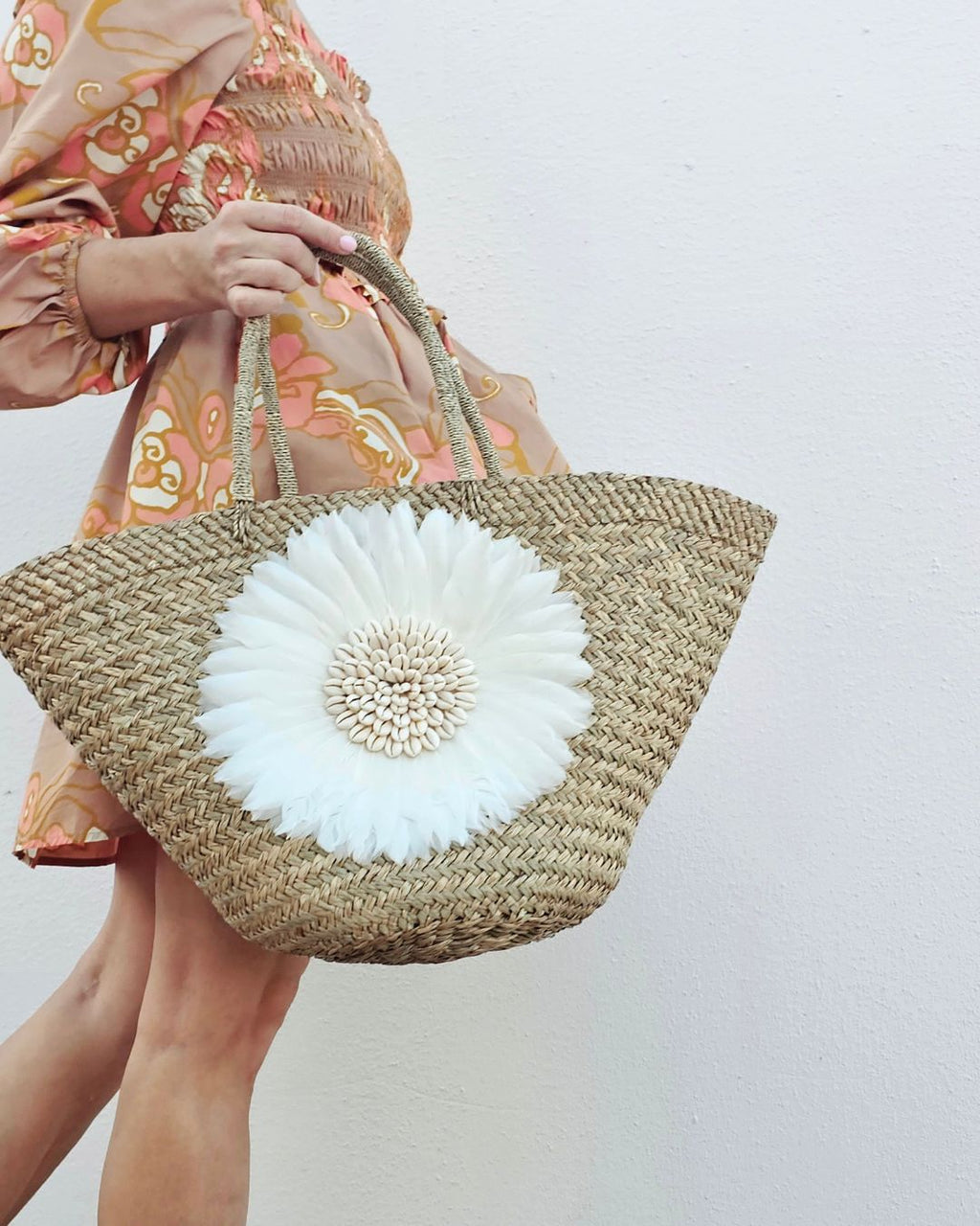 Balinese Straw Bloom Feather Cowrie Shell Large Beach Tote White