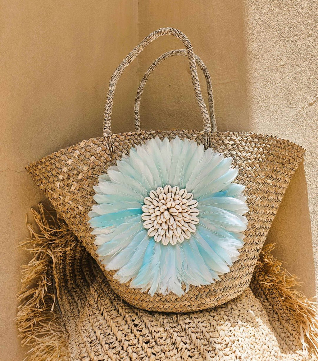 Bloom Feather Cowrie Shell Balinese Straw Large Beach Tote