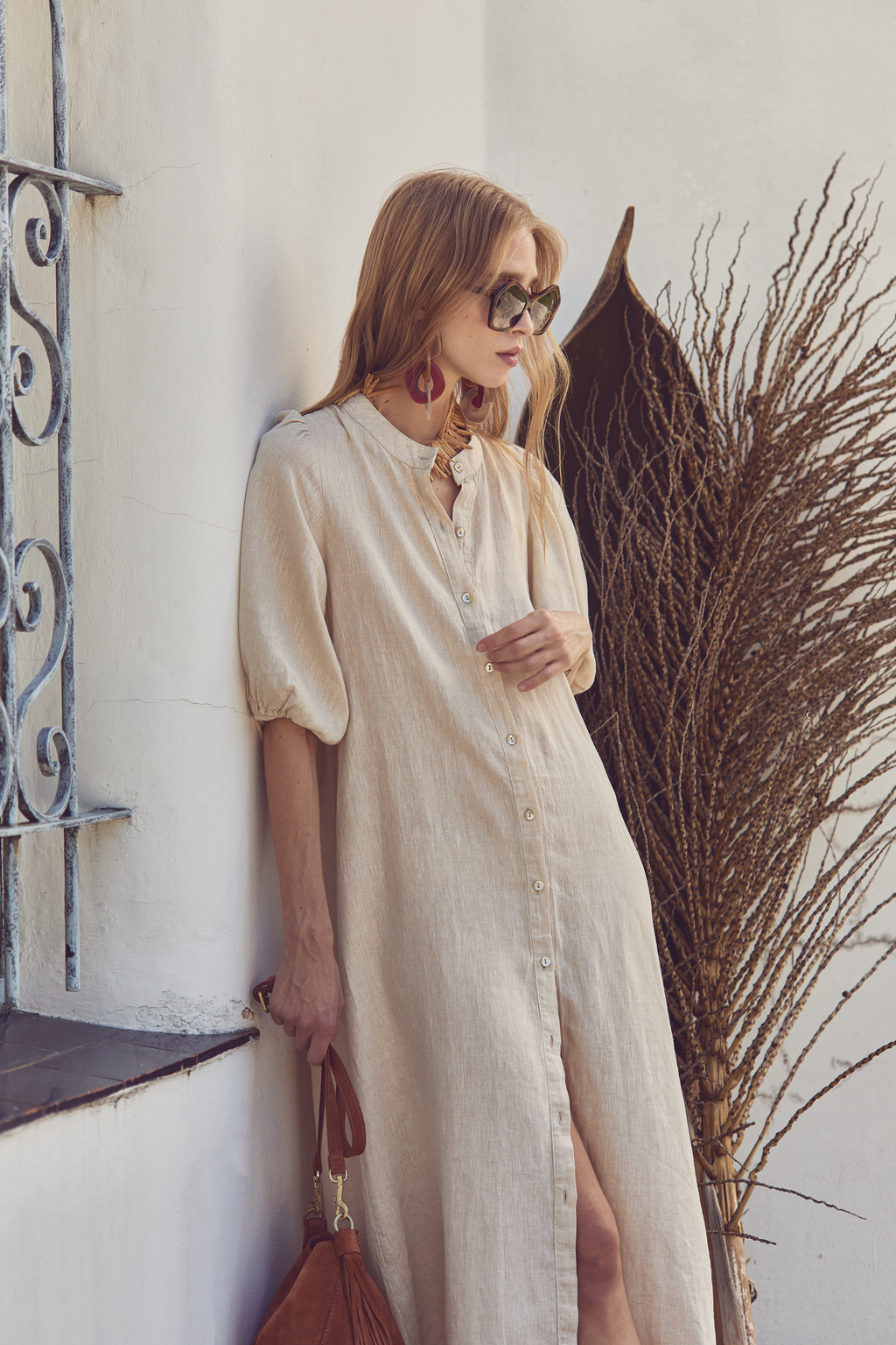 Bubble Linen Dress - Natural Lightweight Organic A-line Puff Sleeve