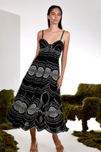 Catta Long Linen-Cotton Embroidered V-Neck Buttoned Maxi Dress