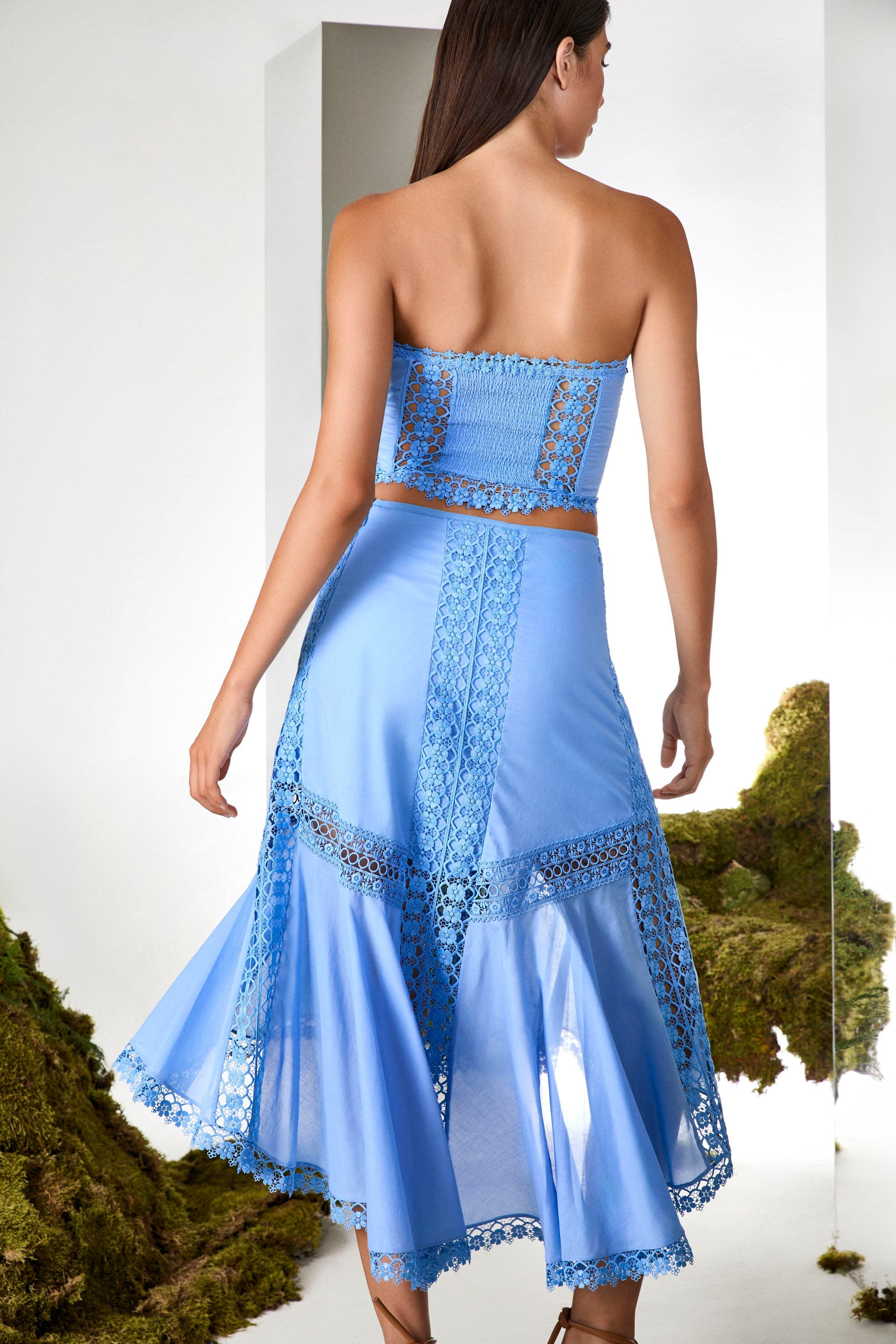 Clair Long Cotton Voile Midi Skirt with Lace Panels