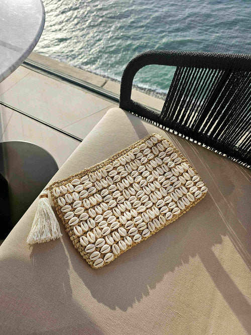 Cali Cowrie Shell Raffia Clutch by OhSun