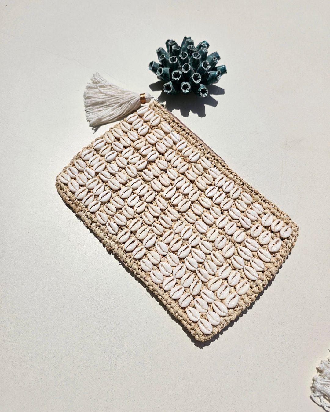 Cali Cowrie Shell & Raffia Clutch Handwoven Beach Raffia Pouch
