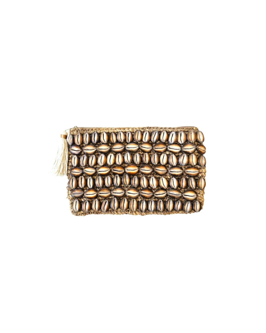 Celeste Raffia Large Cowrie Shell Clutch Brown Handwoven Summer Accessory