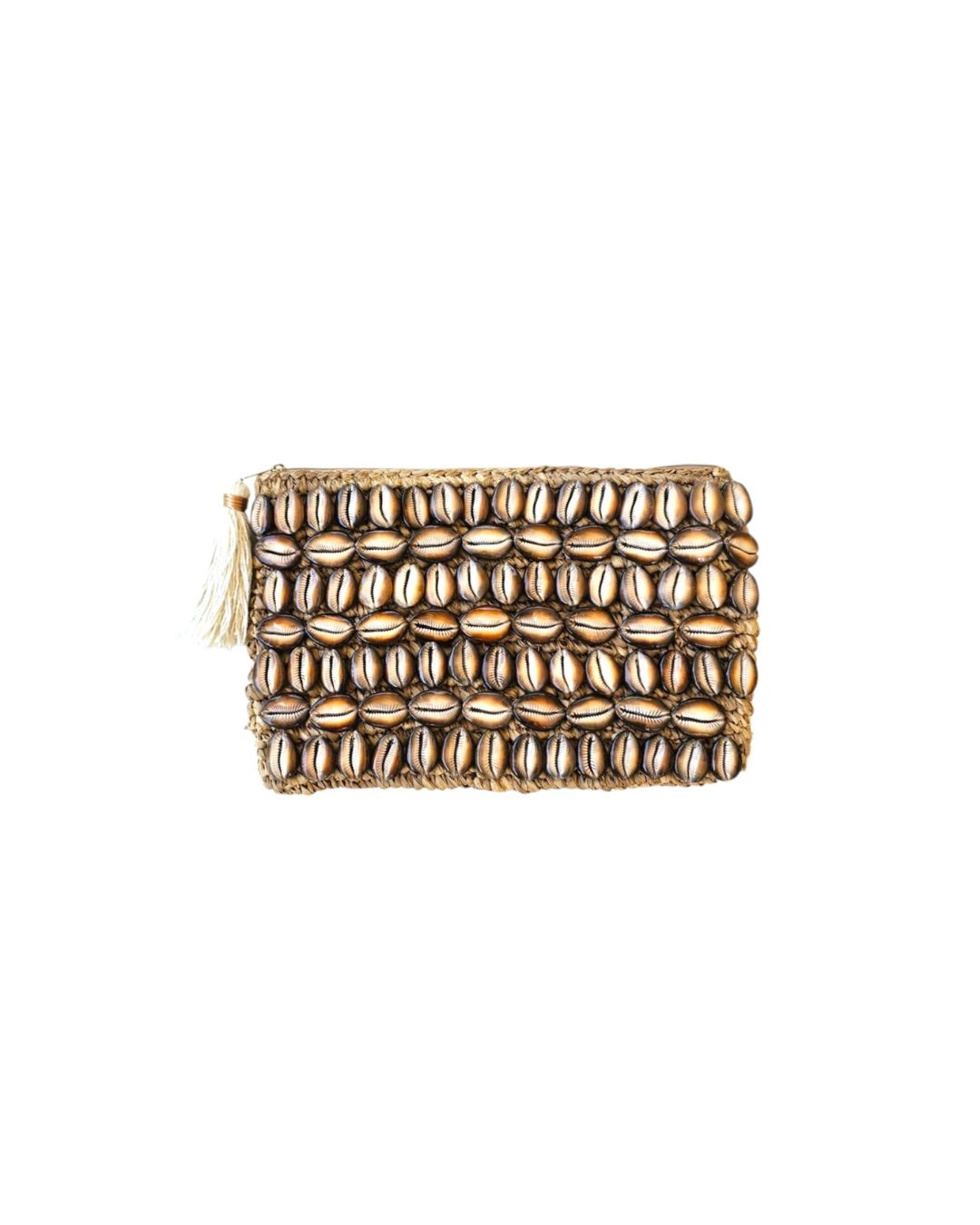 Celeste Raffia Large Cowrie Shell Clutch Brown Handwoven Summer Accessory