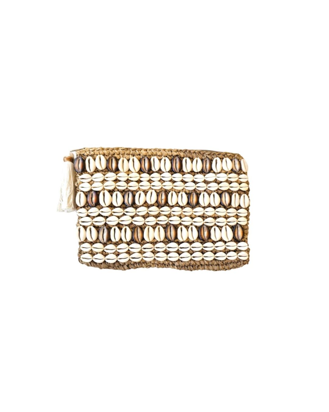 Celeste Raffia Large Cowrie Shell Clutch Latte Handwoven Beach Accessory