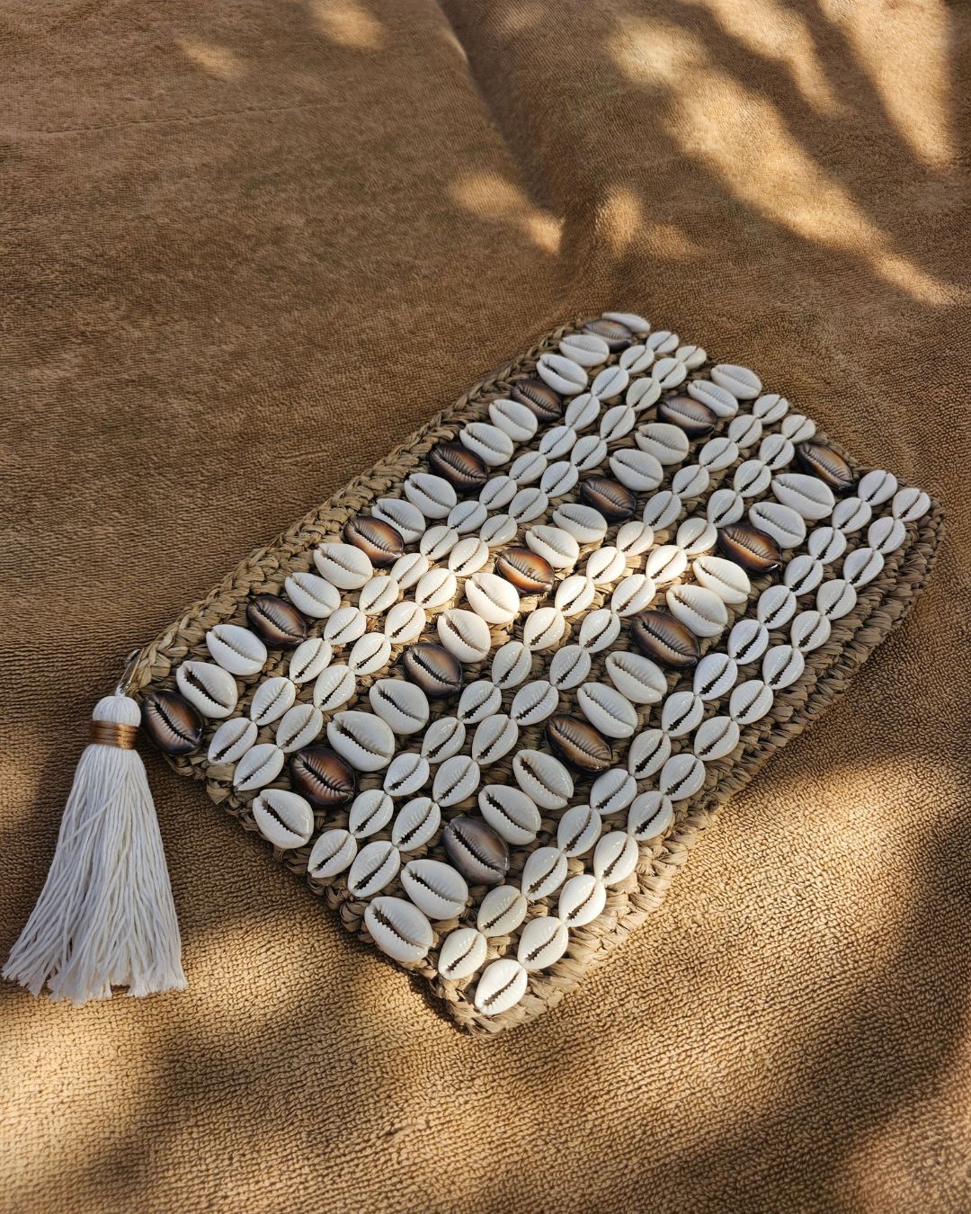Celeste Raffia Large Cowrie Shell Clutch Latte Handwoven Beach Accessory