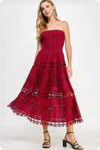 Elegant Eyelet Lace Strapless Midi Dress - Smocked Bodice, Cotton Crochet Trim