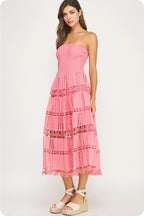Elegant Eyelet Lace Strapless Midi Dress - Smocked Bodice, Cotton Crochet Trim