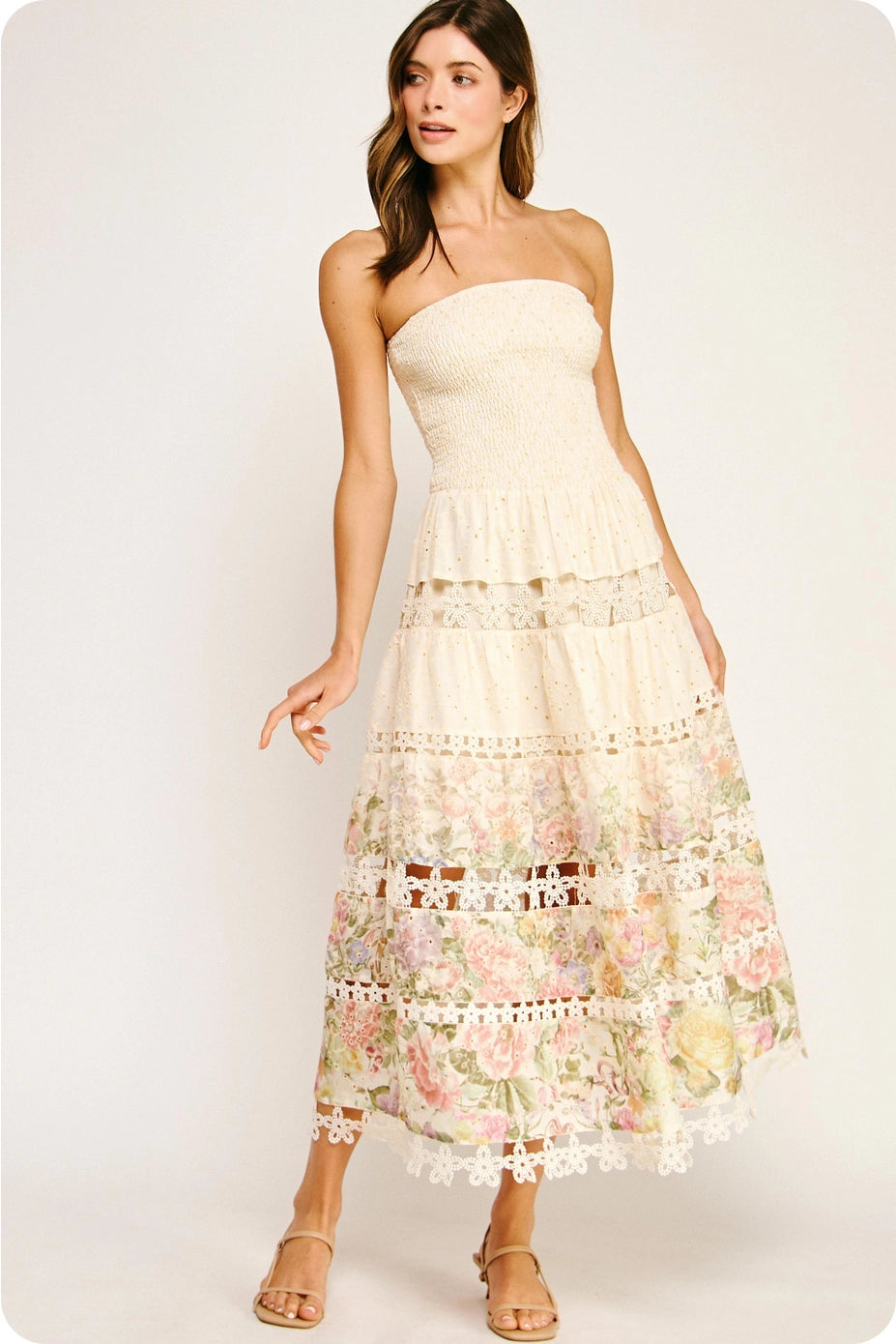 Elegant Eyelet Lace Strapless Midi Dress - Smocked Bodice, Cotton Crochet Trim