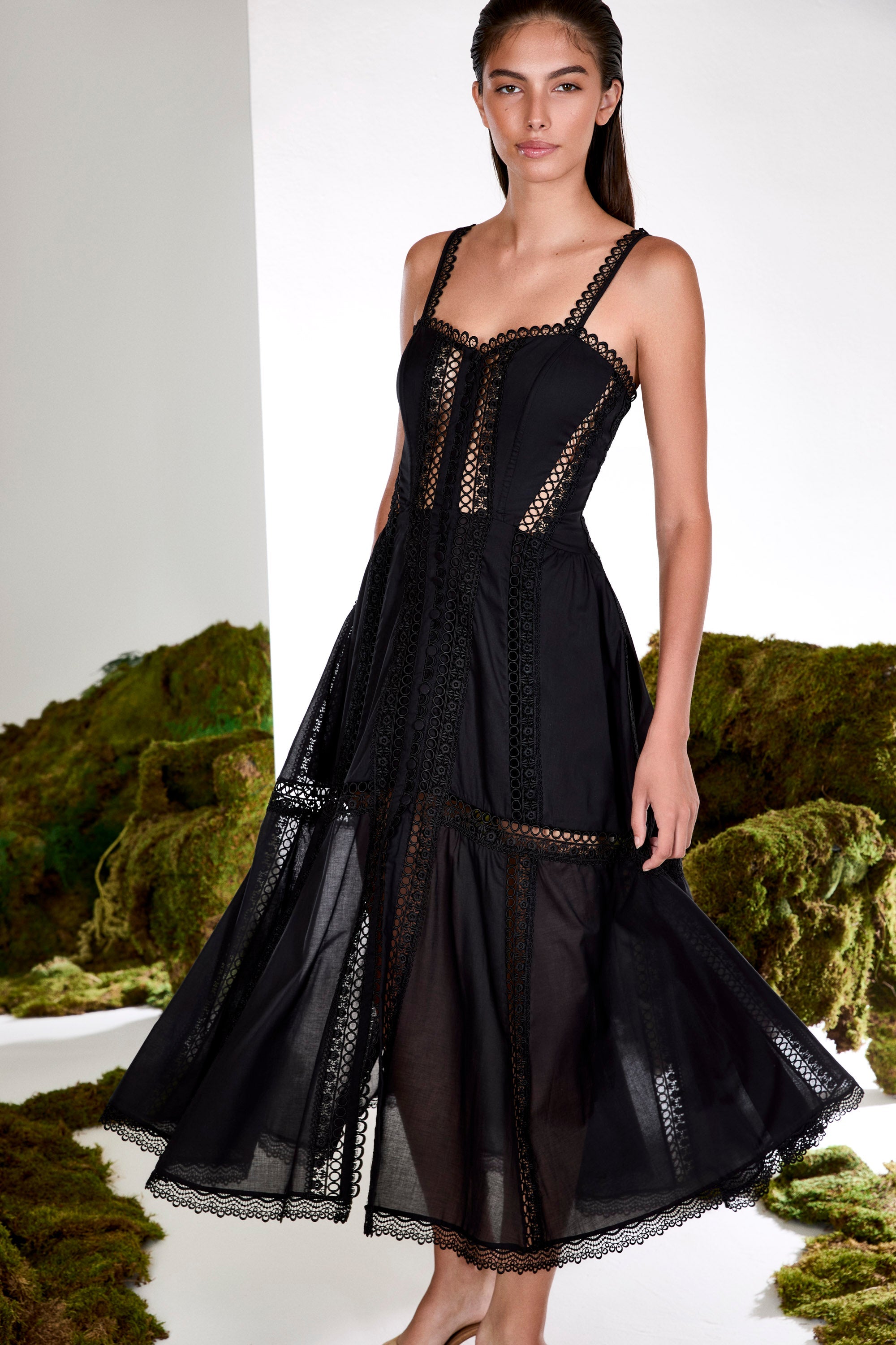 Dafelle Long Dress Cotton Voile Corsetry Guipure Sweetheart Midi