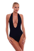 Amsterdam Deep Plunge One Piece Halter Open Back Swimsuit