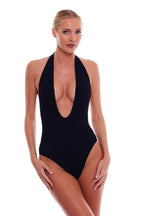 Amsterdam Deep Plunge One Piece Halter Open Back Swimsuit
