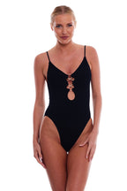 Doha Gold-Ring One-Piece Swimsuit with Adjustable Straps, Cheeky Coverage