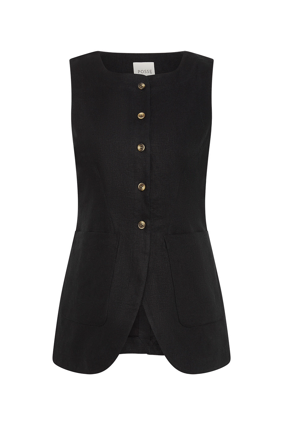 EMMA VEST - BLACK Tailored Button-Front Lined Scoop-Hem Adjustable