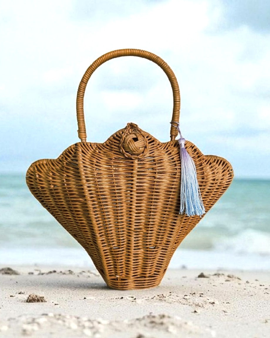 Ellie Wicker Handbag Shell Shaped Natural Rattan Cotton Lined Tassel