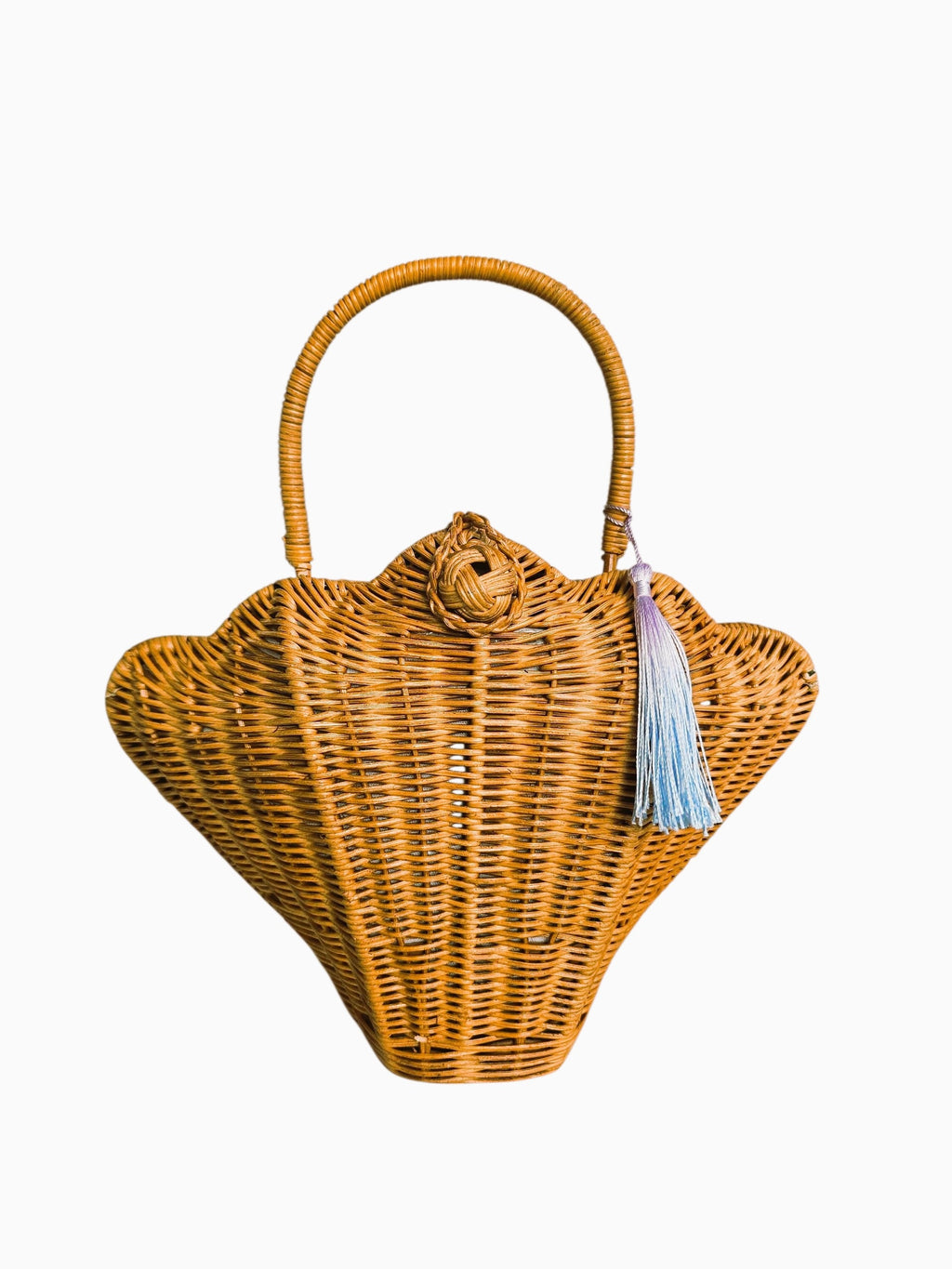 Ellie Wicker Handbag Shell Shaped Natural Rattan Cotton Lined Tassel