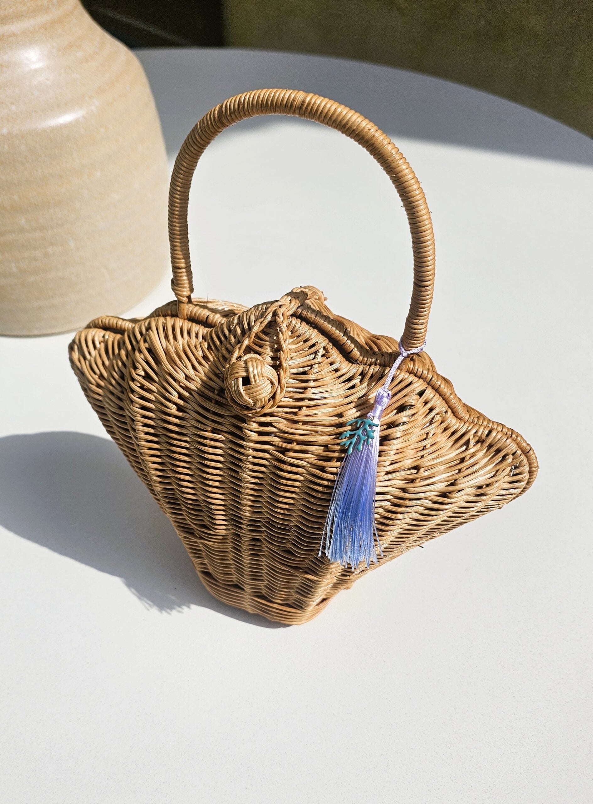 Ellie Wicker Handbag Shell Shaped Natural Rattan Cotton Lined Tassel
