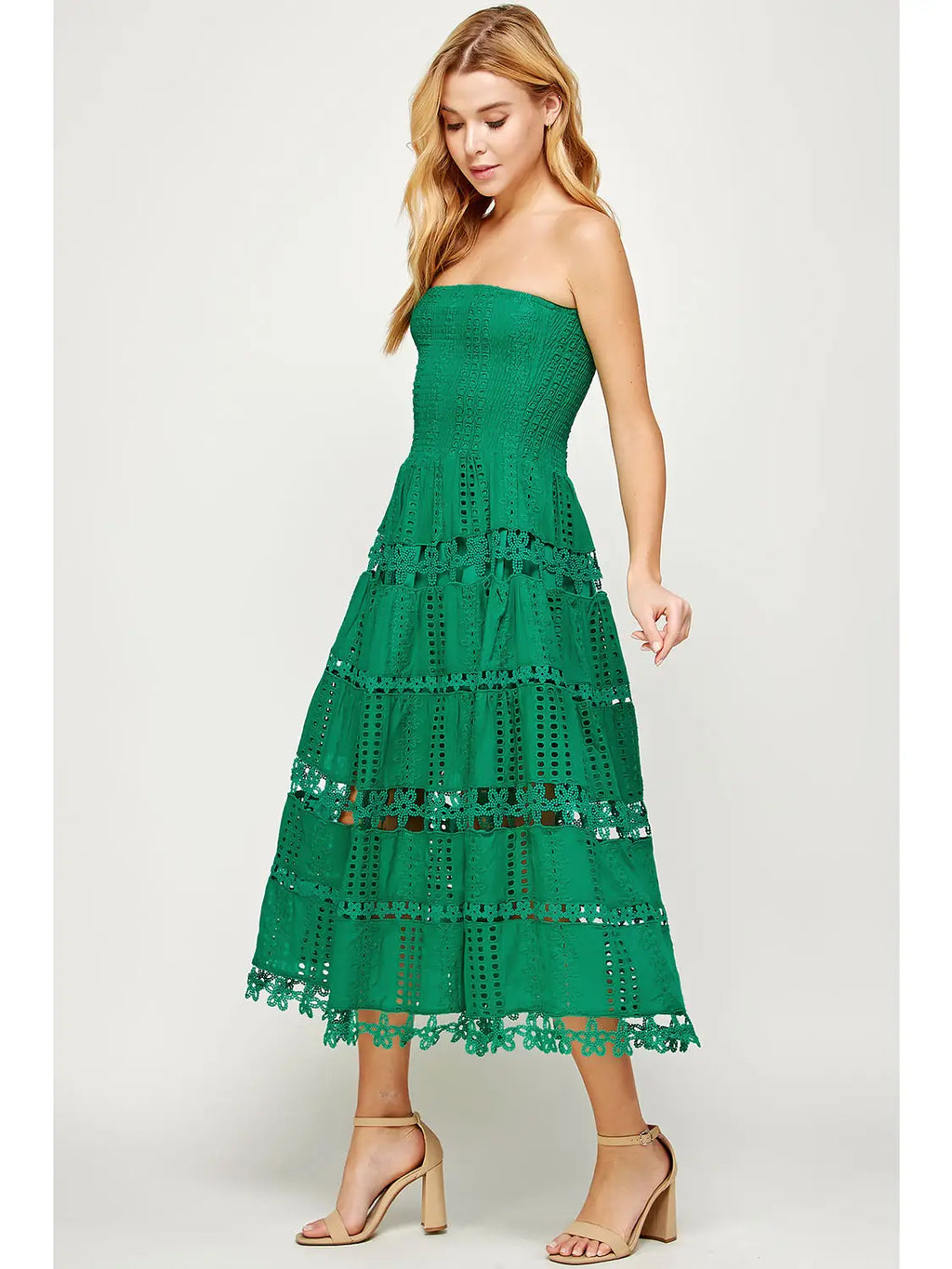 Elegant Eyelet Lace Strapless Midi Dress - Smocked Bodice, Cotton Croc The Dress Company Elegant Eyelet Lace Strapless Midi Dress - Smocked Bodice, Cotton Croc The Dress Company