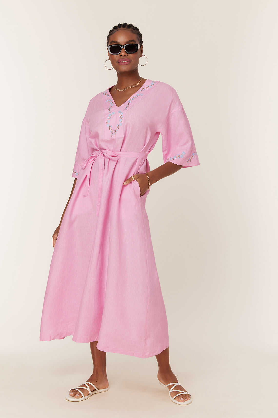 Fanm Mon Embroidered Cotton Kaftan Maxi Dress with Belt