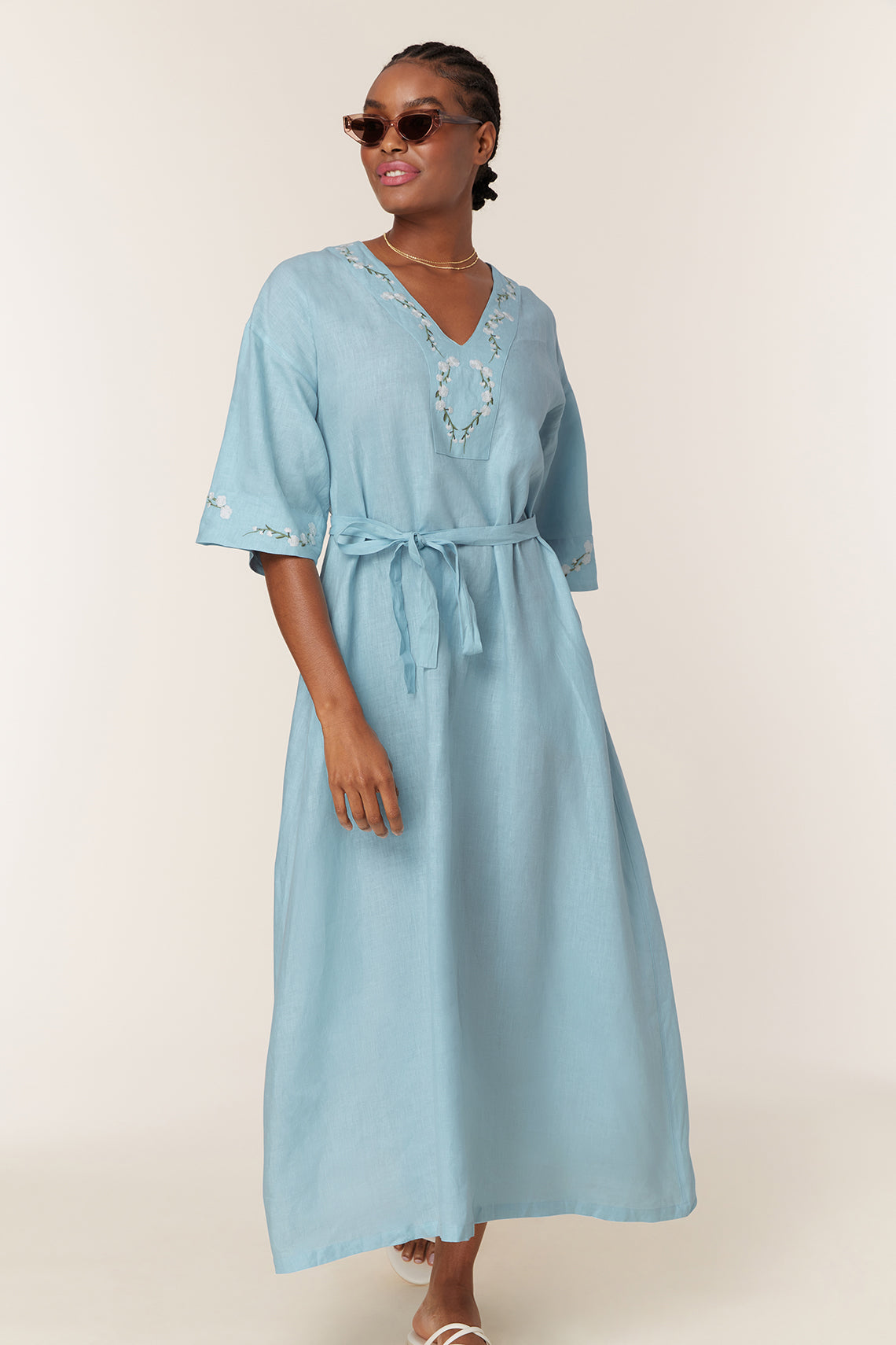 Fanm Mon Embroidered Cotton Kaftan Maxi Dress with Belt