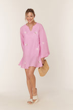 Embroidered Cotton V-Neck Long Bell Sleeve Relaxed Mini Dress