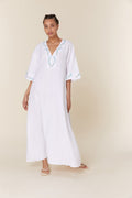 Fanm Mon Embroidered Cotton Kaftan Maxi Dress with Belt