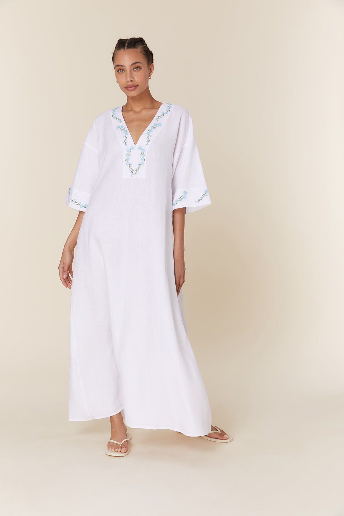 Fanm Mon Embroidered Cotton Kaftan Maxi Dress with Belt