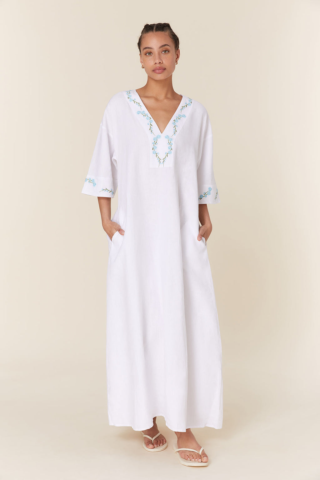 Fanm Mon Embroidered Cotton Kaftan Maxi Dress with Belt