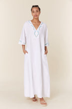 Fanm Mon Embroidered Cotton Kaftan Maxi Dress with Belt