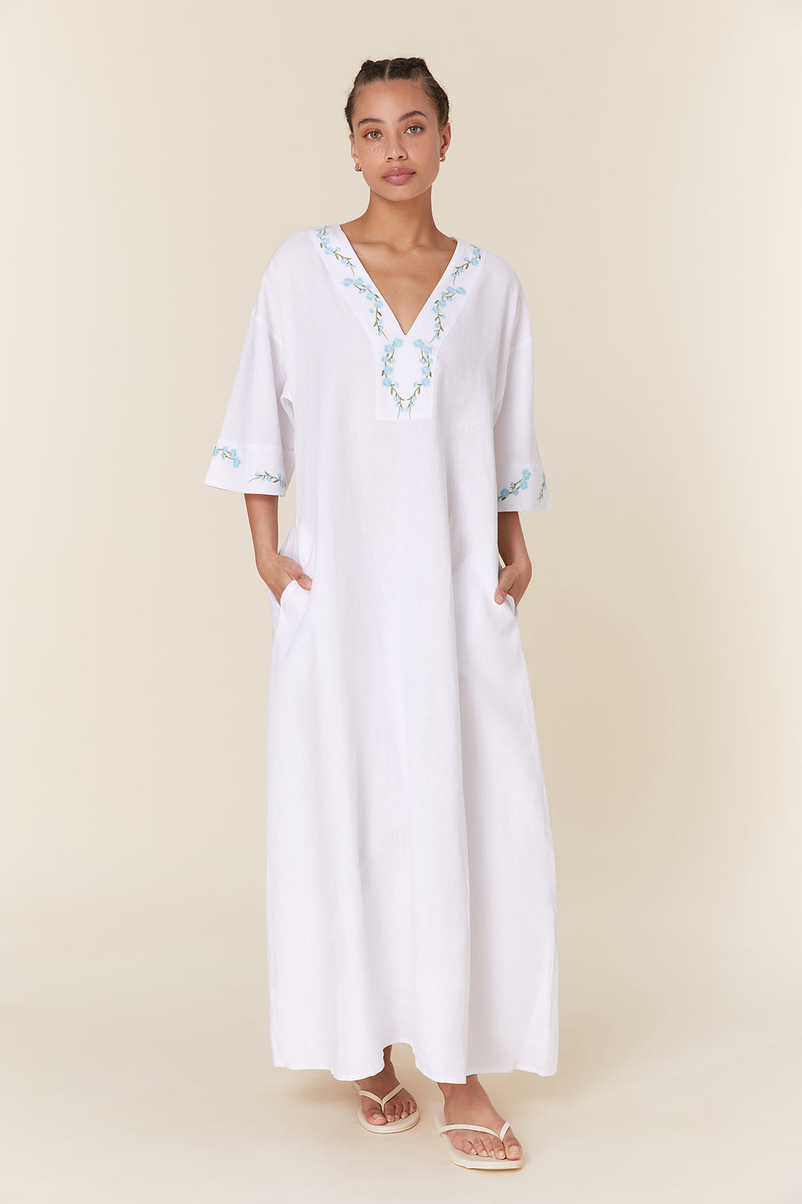 Fanm Mon Embroidered Cotton Kaftan Maxi Dress with Belt