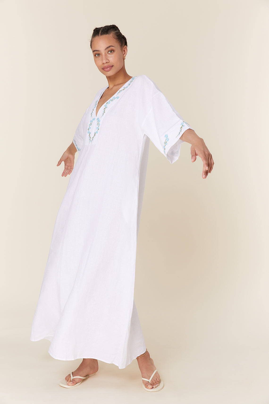 Fanm Mon Embroidered Cotton Kaftan Maxi Dress with Belt