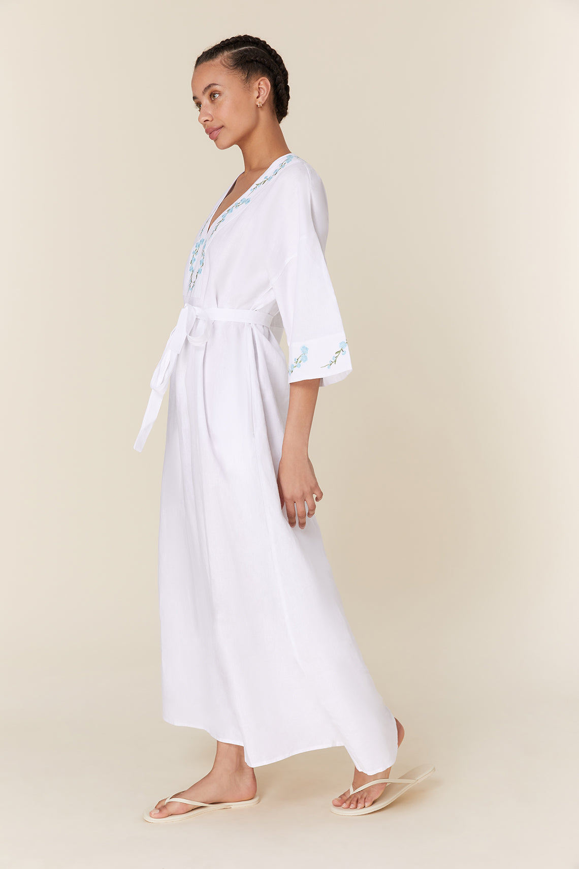 Fanm Mon Embroidered Cotton Kaftan Maxi Dress with Belt