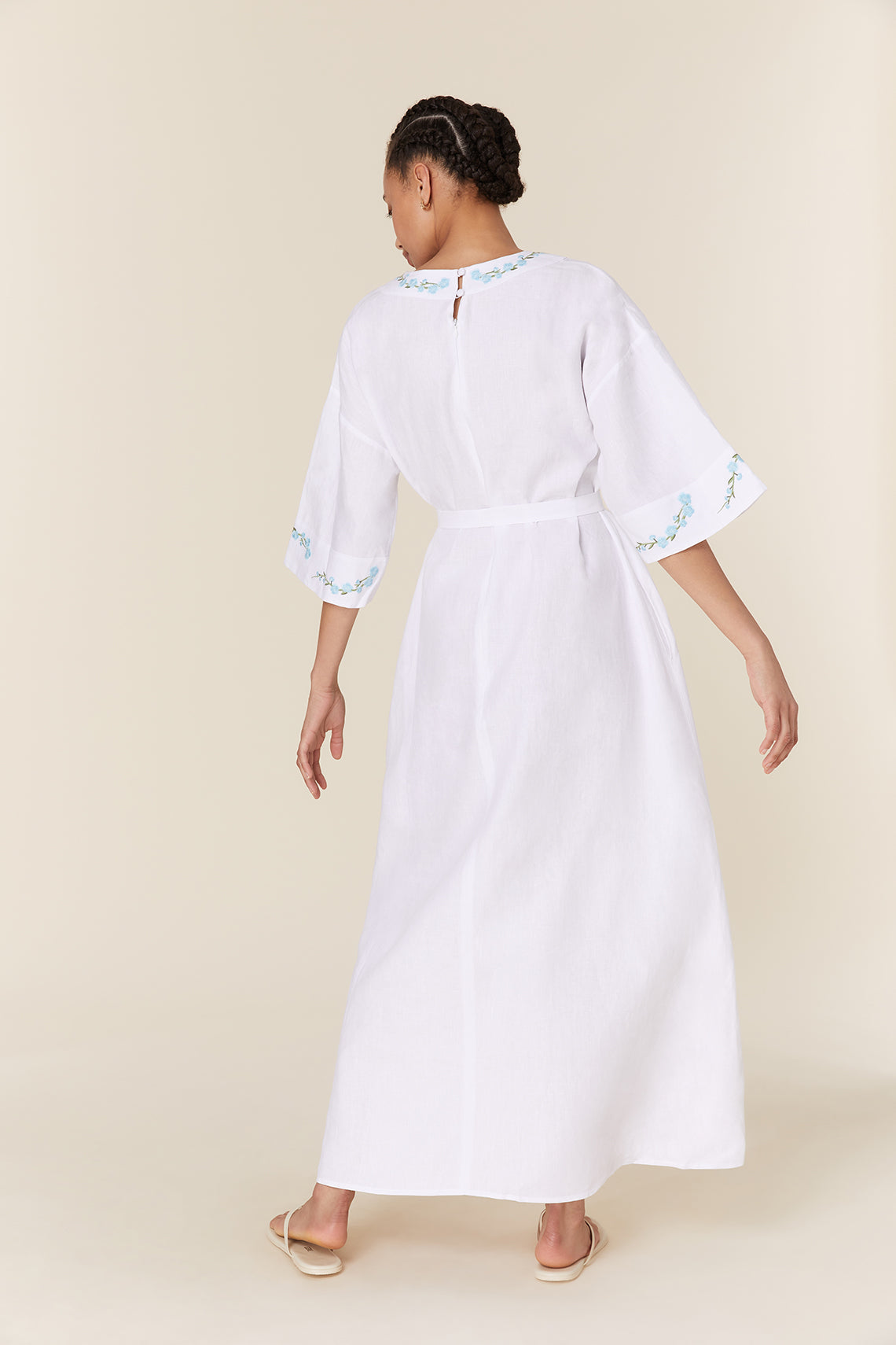 Fanm Mon Embroidered Cotton Kaftan Maxi Dress with Belt