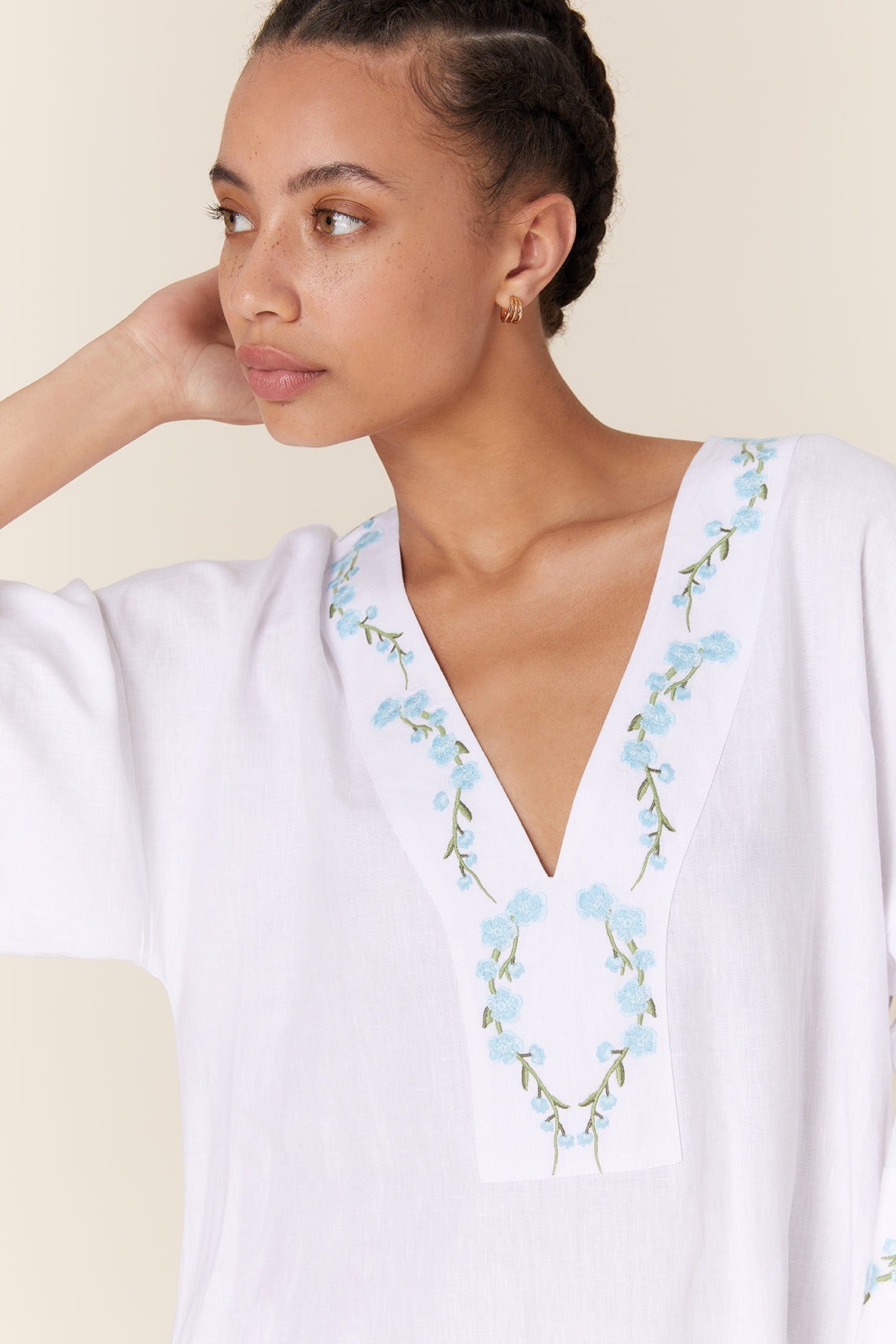 Fanm Mon Embroidered Cotton Kaftan Maxi Dress with Belt