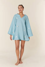Embroidered Cotton V-Neck Long Bell Sleeve Relaxed Mini Dress