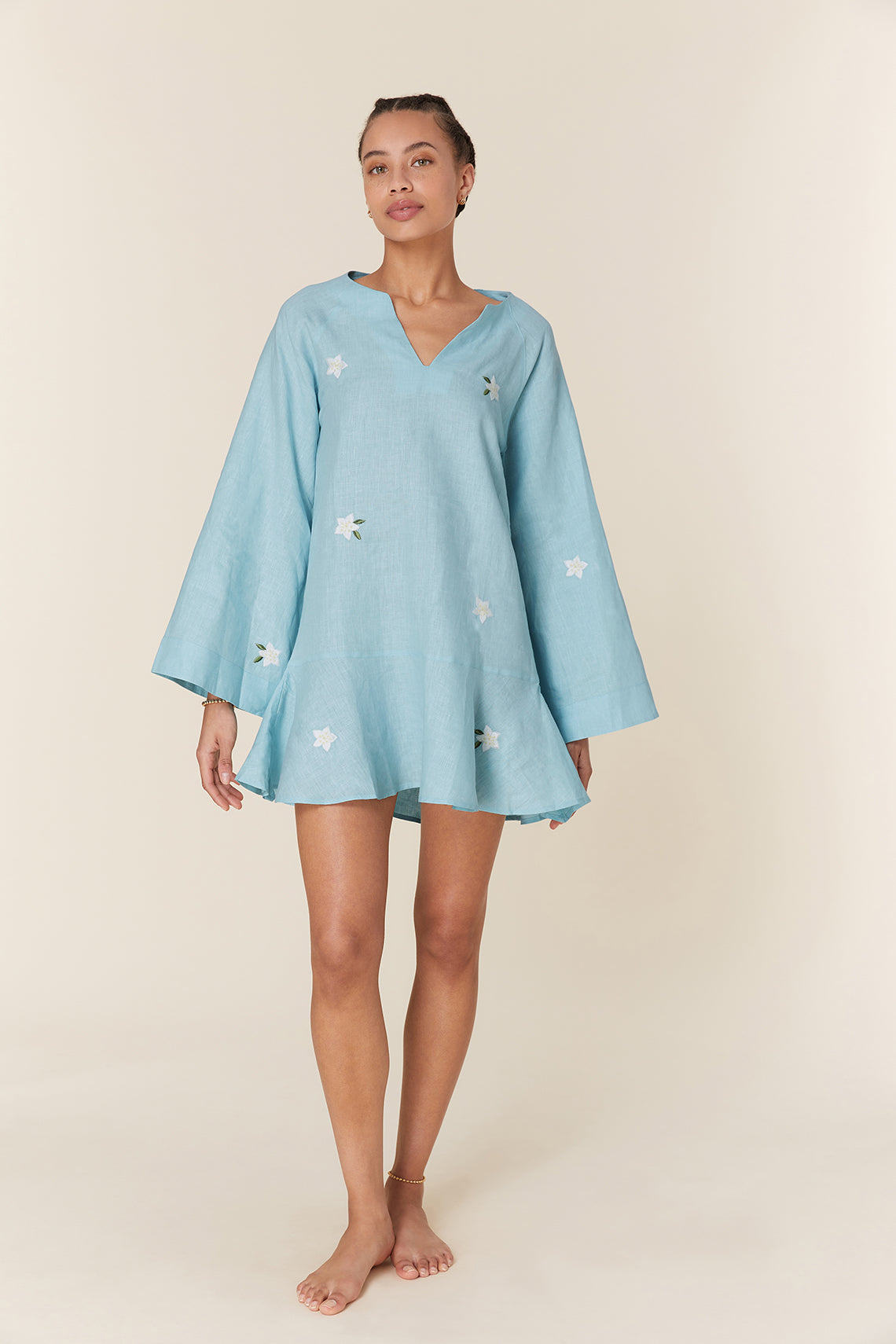 Embroidered Cotton V-Neck Long Bell Sleeve Relaxed Mini Dress