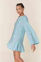Embroidered Cotton V-Neck Long Bell Sleeve Relaxed Mini Dress