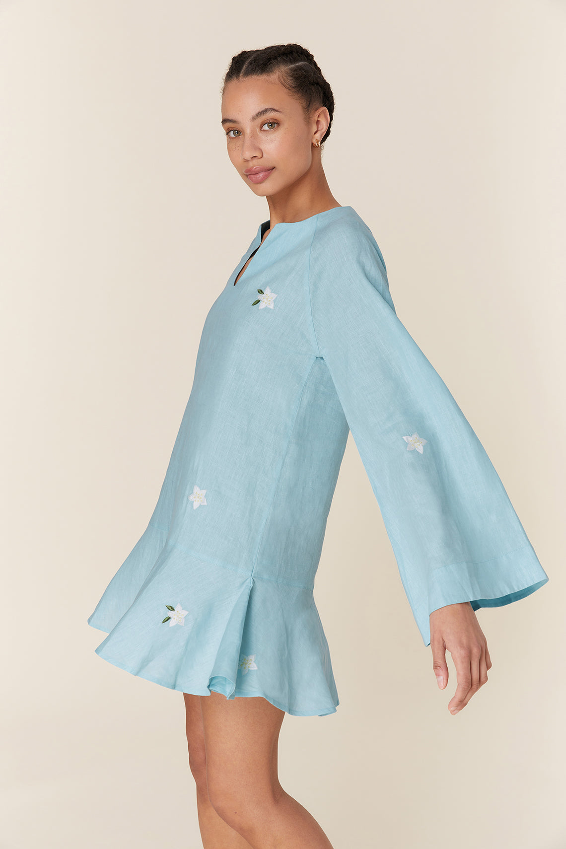 Embroidered Cotton V-Neck Long Bell Sleeve Relaxed Mini Dress