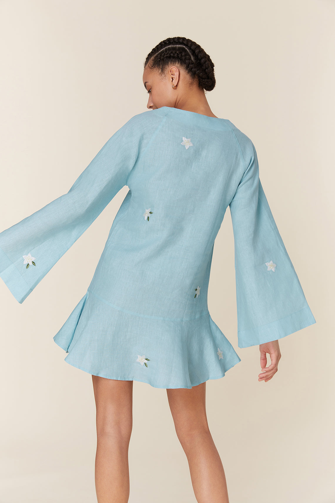 Embroidered Cotton V-Neck Long Bell Sleeve Relaxed Mini Dress