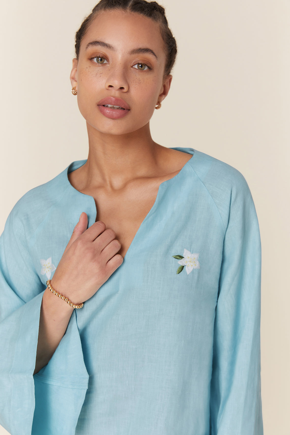 Embroidered Cotton V-Neck Long Bell Sleeve Relaxed Mini Dress
