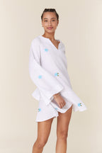 Embroidered Cotton V-Neck Long Bell Sleeve Relaxed Mini Dress