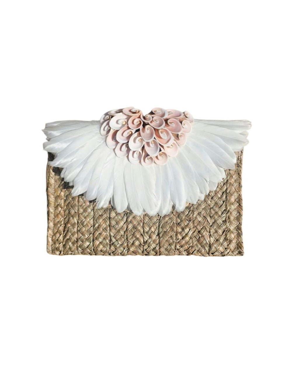 Faye Swirly Shell Clutch White Handmade Balinese Straw Feather Shell