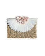Faye Swirly Shell Clutch White Handmade Balinese Straw Feather Shell