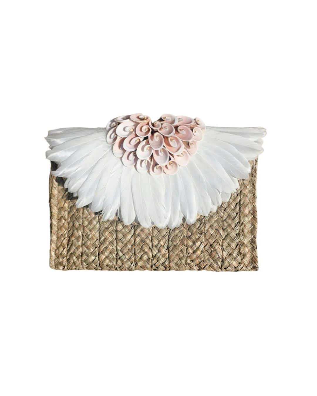 Faye Swirly Shell Clutch White Handmade Balinese Straw Feather Shell